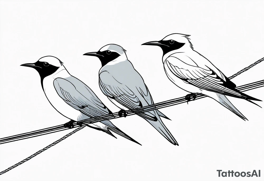 Three Arctic tern Silhouettes on a Power Line. Two are sittint, one is about to fly tattoo idea