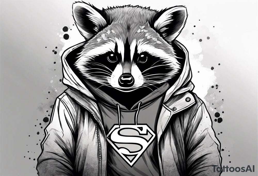 raccoon wearing a Superman hoodie tattoo idea