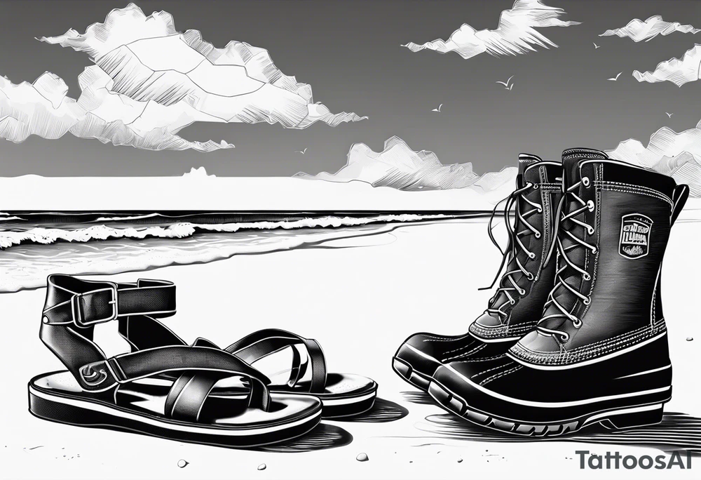 Two flip flops next to a pair of timberland boots on the Beach. tattoo idea