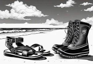 Two flip flops next to a pair of timberland boots on the Beach. tattoo idea
