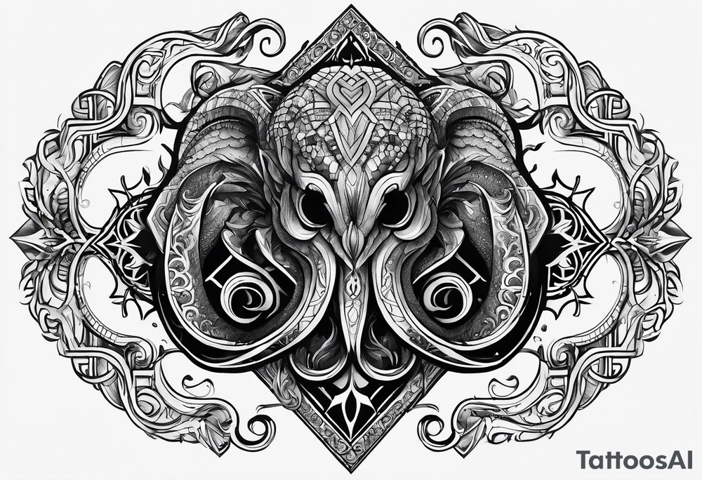 Long tattoo for arm. Lovecraftian creature, protecting a heart. Ctulhu. tattoo idea