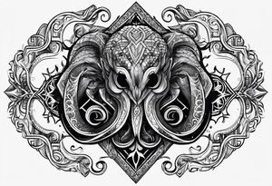 Long tattoo for arm. Lovecraftian creature, protecting a heart. Ctulhu. tattoo idea