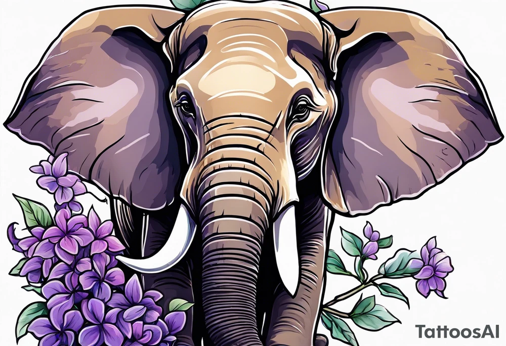Seated elephant with raised trunk holding lilacs tattoo idea