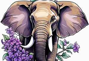 Seated elephant with raised trunk holding lilacs tattoo idea