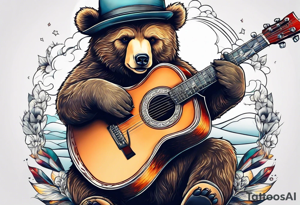 BEAR WITH HAT PLAYING GUITAR tattoo idea