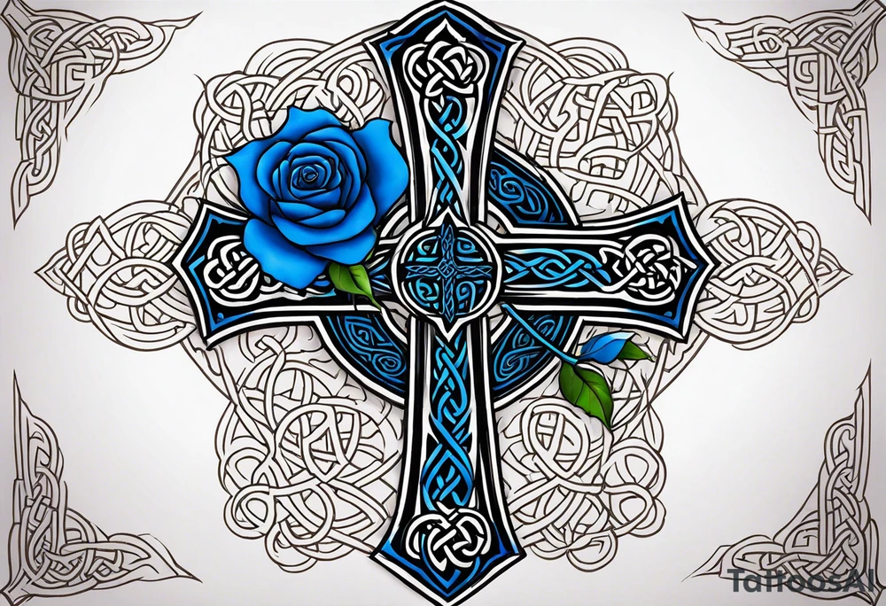 Celtic cross impaled by a blue rose tattoo idea