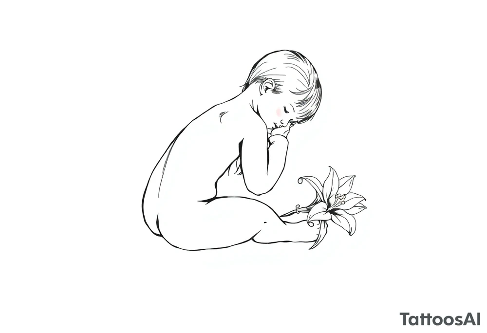A simple tile floor with a minimalist outline of a curled up child sitting on the floor with a lily next to her tattoo idea