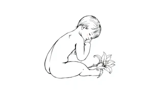 A simple tile floor with a minimalist outline of a curled up child sitting on the floor with a lily next to her tattoo idea