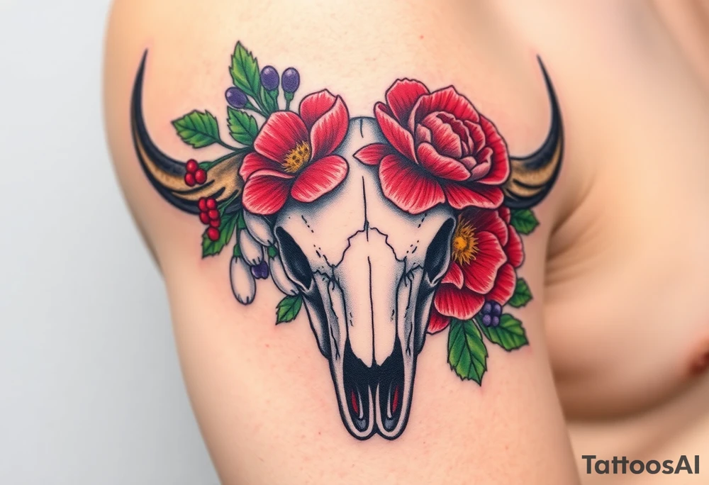 Buffalo or bison skull with flowers. Snow drop and red peony. Green holly with red berries, purple larkspur, red peony.  Colour. For upper arm or shoulder. Masculin. tattoo idea