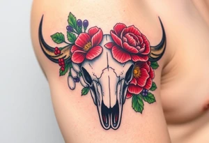 Buffalo or bison skull with flowers. Snow drop and red peony. Green holly with red berries, purple larkspur, red peony.  Colour. For upper arm or shoulder. Masculin. tattoo idea