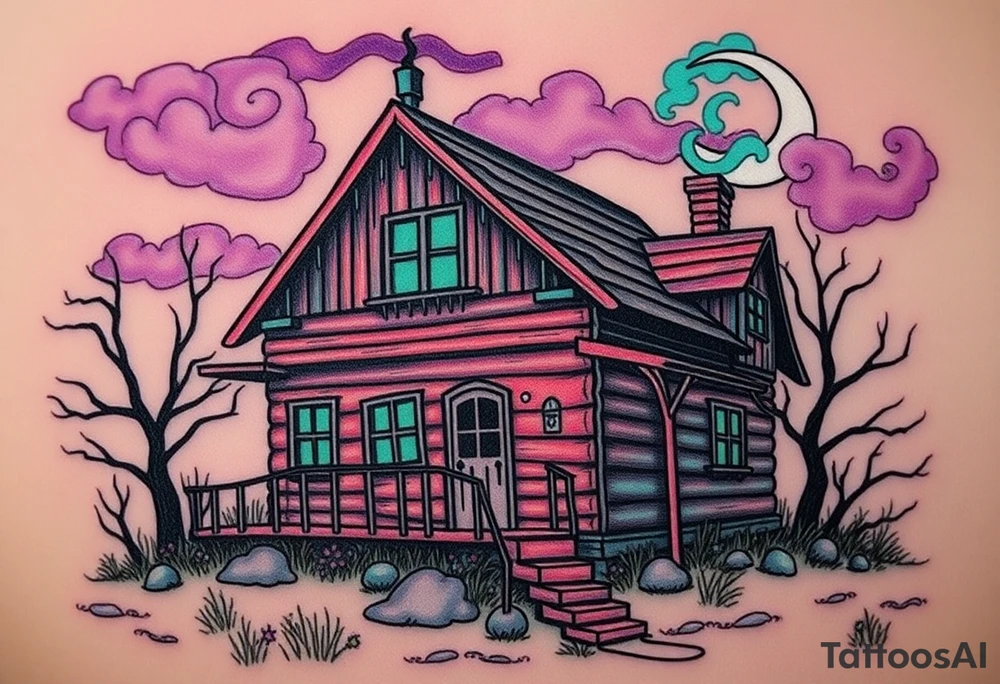 Tim Burton’s haunted pastel wood cabin home is abandoned and dripping with muted reds, dusty pinks, and eerie green glow.purple and cyan smokey clouds swirl in the crescent moonlit sky thats sprinkled with stars tattoo idea tattoo idea