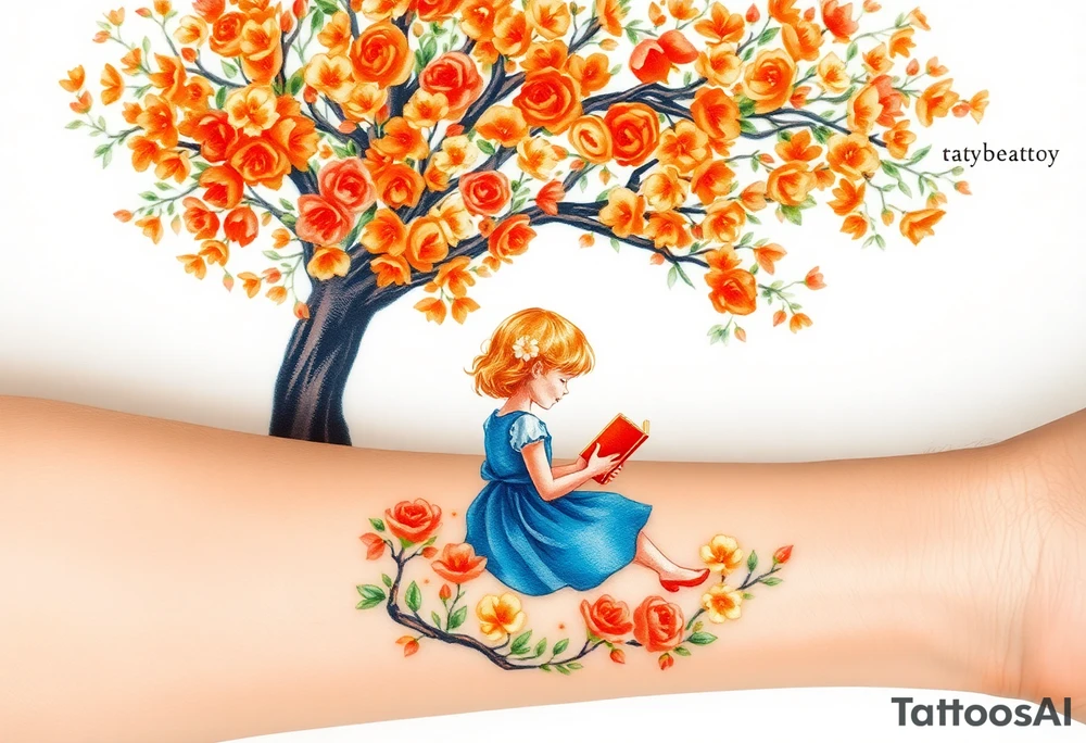 An orange tree full of flowers, a little blond girl wearing a blue dress sitting under it while reading. 


. tattoo idea