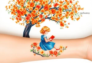 An orange tree full of flowers, a little blond girl wearing a blue dress sitting under it while reading. 


. tattoo idea