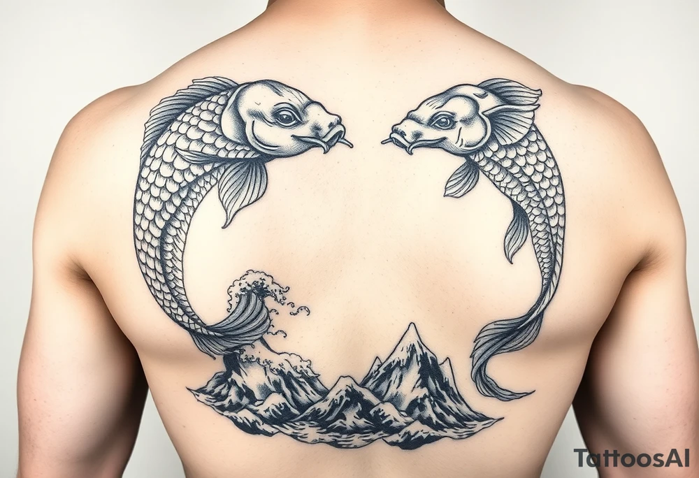 Koi fish and elephants with a wave design and underwater mountains  to go on the arm with alot of shading and intricate details tattoo idea