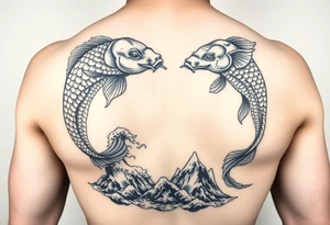 Koi fish and elephants with a wave design and underwater mountains  to go on the arm with alot of shading and intricate details tattoo idea