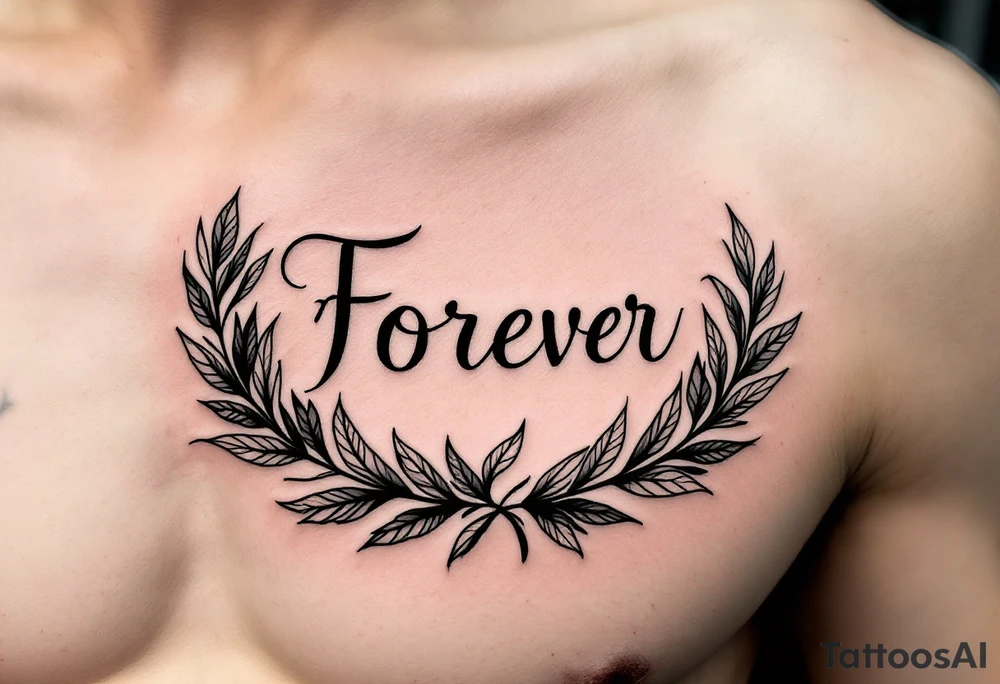 "Forever" in fine serif type, inked in dark green, resting above a laurel wreath. tattoo idea