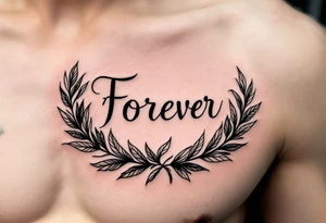 "Forever" in fine serif type, inked in dark green, resting above a laurel wreath. tattoo idea