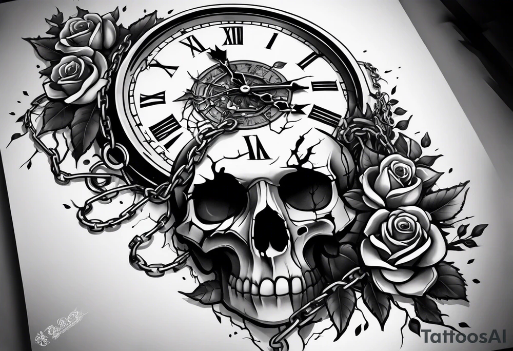 tattoo sleeve, tree roots break out of the chains at the bottom of the hand, Symbolizing loss, an image of a broken mask, Clock with flying numbers, girl, skull, roses tattoo idea