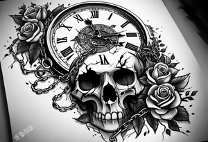 tattoo sleeve, tree roots break out of the chains at the bottom of the hand, Symbolizing loss, an image of a broken mask, Clock with flying numbers, girl, skull, roses tattoo idea