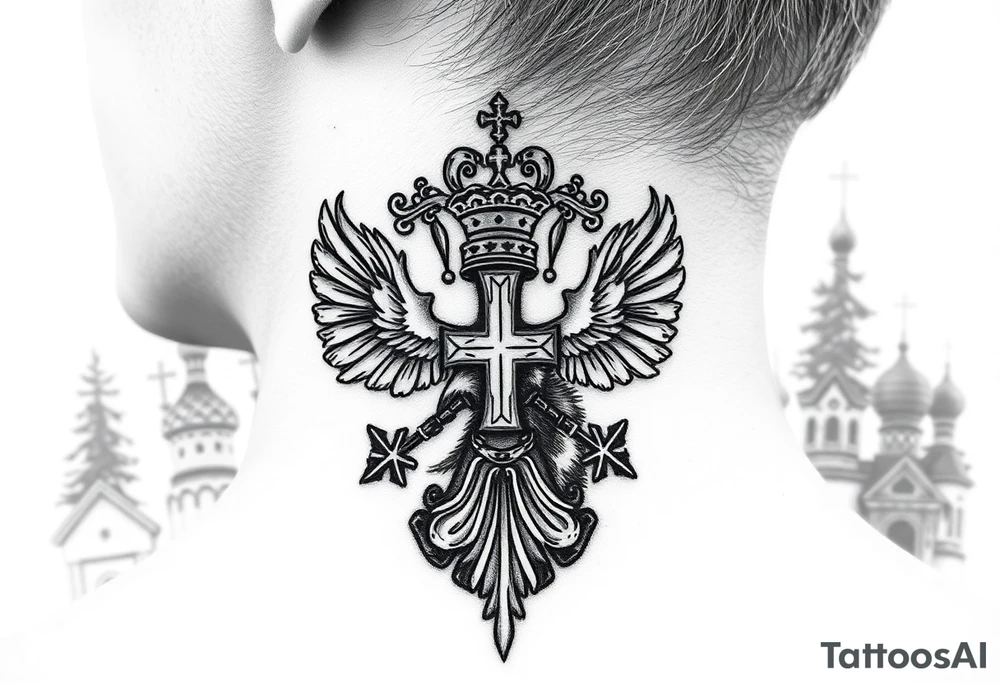 russian coat arms in a russian christian orthodox cross with the cross in the middle with a virgin mary & orthodox dome church on the side of the neck in a wilderness setting tattoo idea
