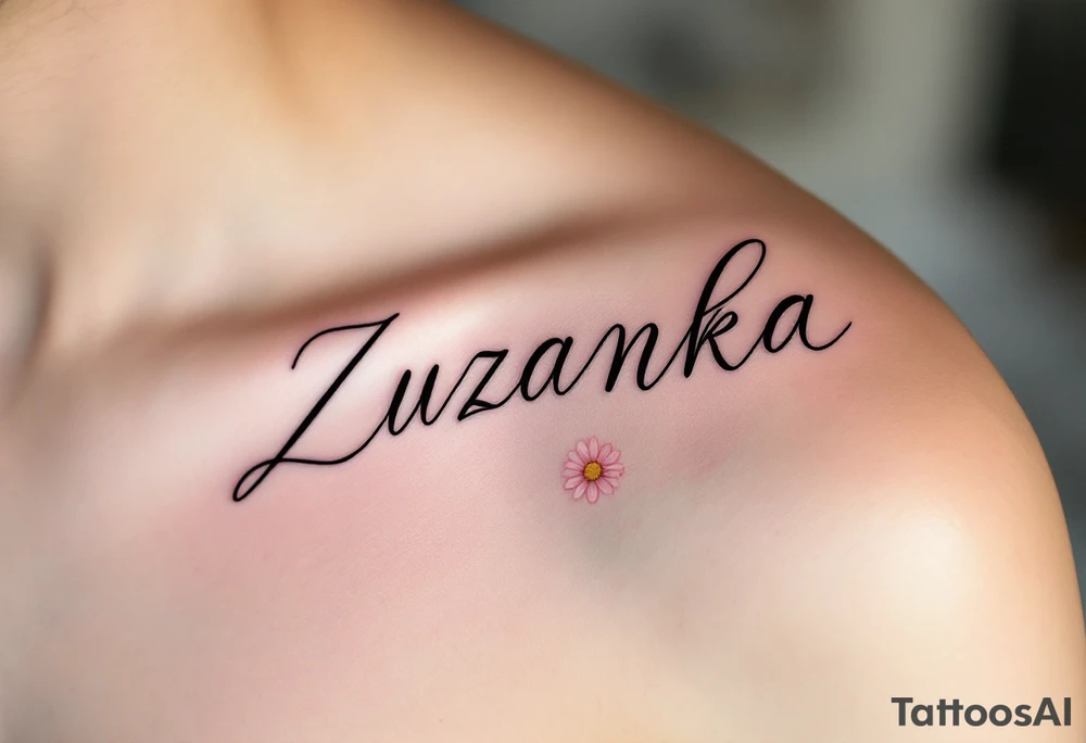 Zuzanka written in gentle cursive, nestled among pastel pink and white daisies tattoo idea