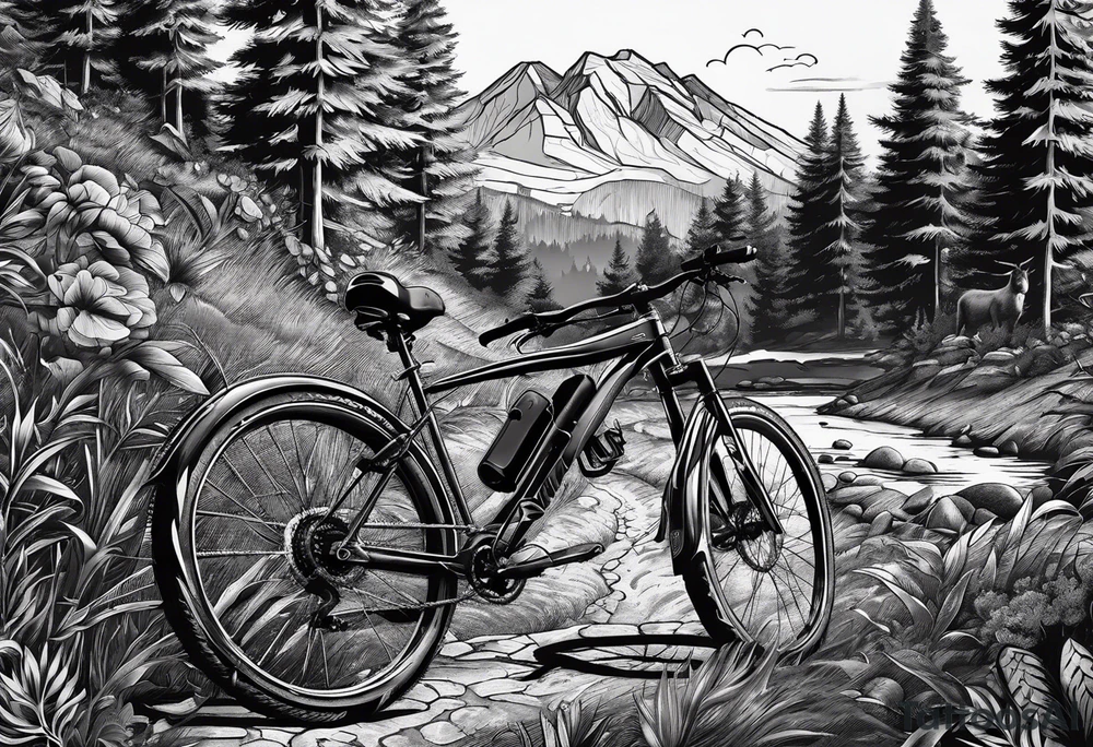 Gravelbike auf einer Schotter Straße. Im Hintergrund Wald und Berge. tattoo idea