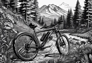 Gravelbike auf einer Schotter Straße. Im Hintergrund Wald und Berge. tattoo idea