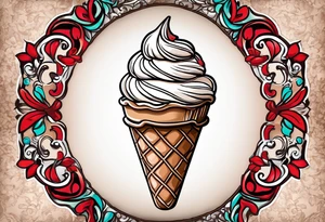 chocolate chip ice cream cone with the name Ava on the cone and one red heart tattoo idea