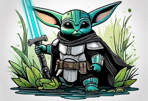 Baby Grogu wearing black mandalorian armor,  with a white lightsaber in a swamp tattoo idea