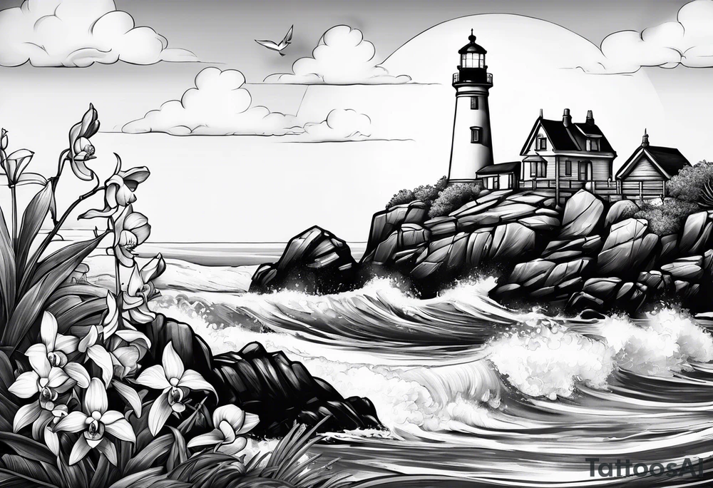 Lighthouse and an anchor and orchids tattoo idea