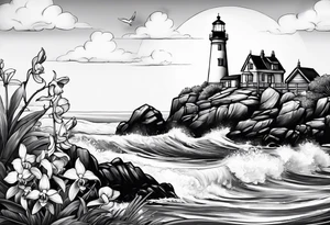 Lighthouse and an anchor and orchids tattoo idea