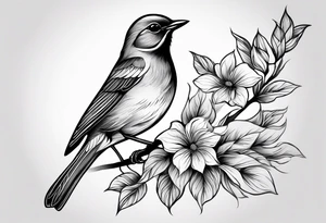 Design a small, elegant tattoo of a nightingale in a gentle pose, surrounded by soft musical notes or floral elements tattoo idea