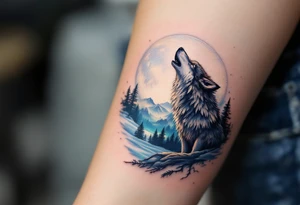 lone wolf howling at full moon with northern lights backdrop tattoo idea