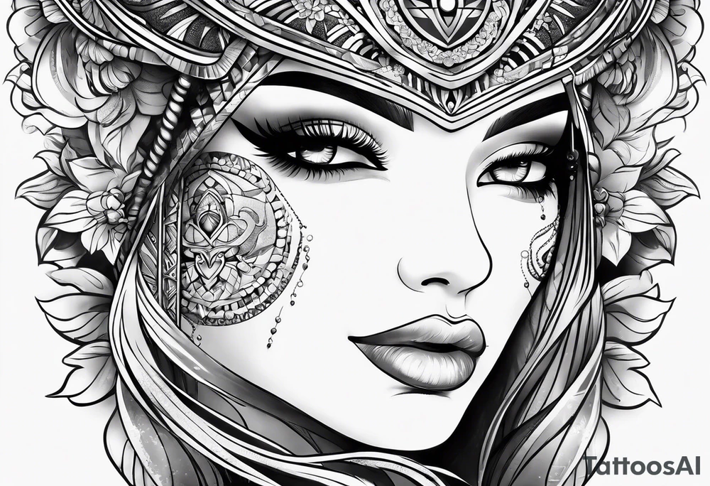 Woman’s thigh tattoo. Face with symbol of fertility and soft warrior tattoo idea