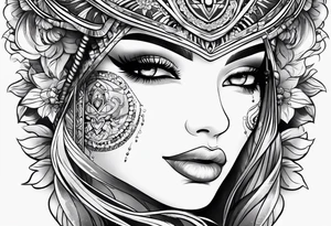 Woman’s thigh tattoo. Face with symbol of fertility and soft warrior tattoo idea