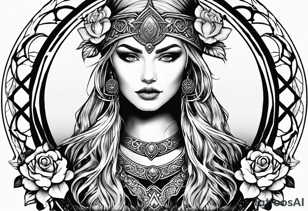 Viking, feminine warrior, bedroom eyes, headshot, princess, round emblem, moon goddess, Gaia, flowers, axes tattoo idea