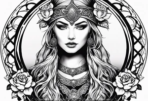 Viking, feminine warrior, bedroom eyes, headshot, princess, round emblem, moon goddess, Gaia, flowers, axes tattoo idea