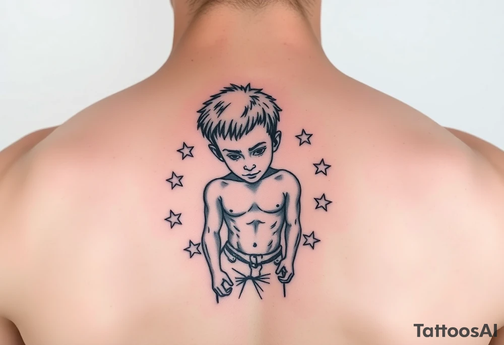 powerful human figure boy with stars around tattoo idea