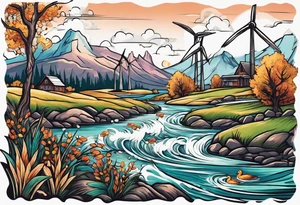 Blended sleeve of fishing on a river surrounded by mountains and mix of ducks in a marsh with wind turbines below tattoo idea