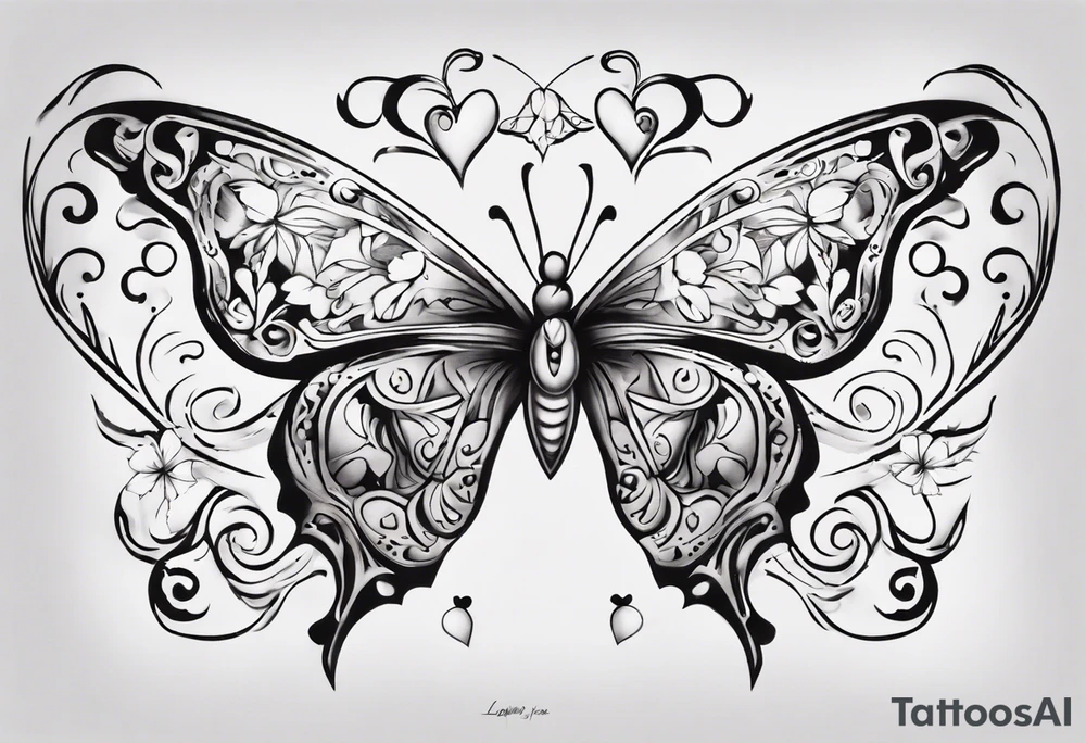 Butterfly with hearts, the name Layla Jones tattoo idea
