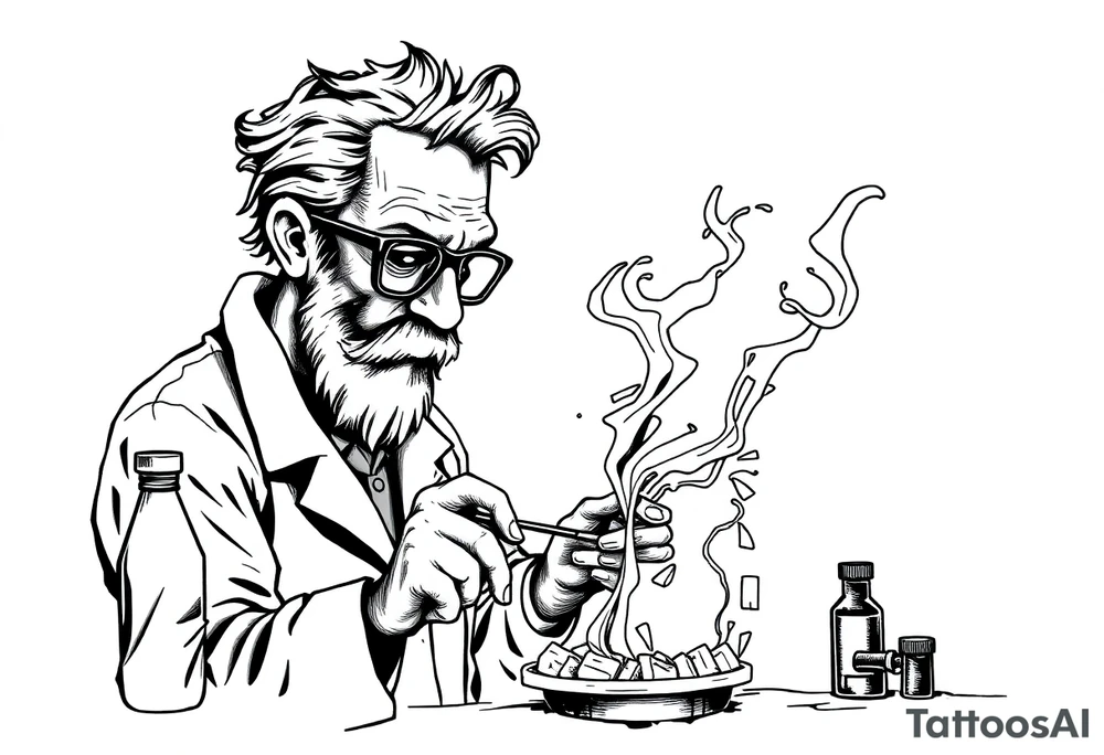 crazy mad scientist cooking drugs while smoking out of oil burner tattoo idea