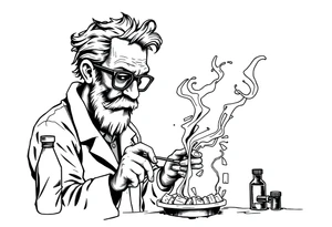 crazy mad scientist cooking drugs while smoking out of oil burner tattoo idea