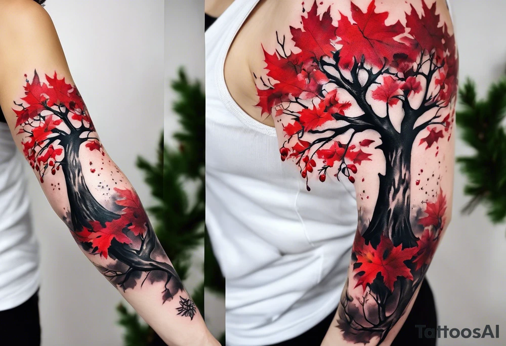 trash polka style. Arm tattoo. Long tattoo. large tattoo. Full sleeve. Shoulder. A single large maple tree with red autumn leaves that branches upwards from wrist to shoulder. White-throated dipper bird on the trees branches. Calluna flowers at the base of the trees stem. Tree stem has dark colors. Red/yellow sunset behind the trees stem. Leaves falling. tattoo idea
