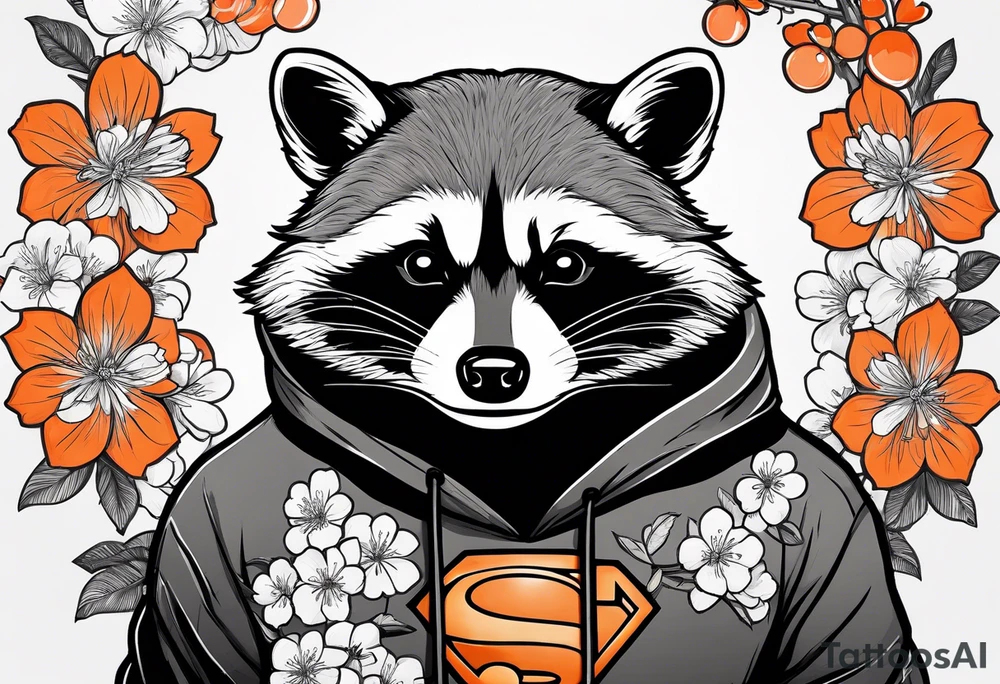 Raccoon wearing a white Superman logo on a black hoodie and orange Japanese cherry blossoms beside tattoo idea