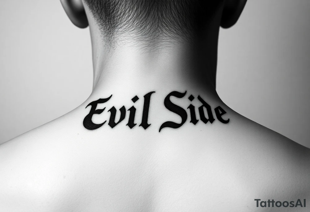 Bold cover up saying Evil Side from ear to ear on neck black and white tattoo idea
