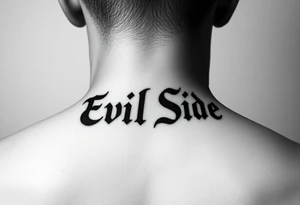 Bold cover up saying Evil Side from ear to ear on neck black and white tattoo idea