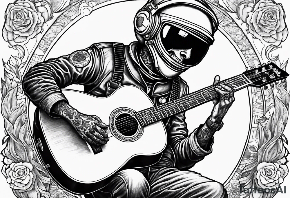 Skeleton astronaut playing acoustic guitar tattoo idea