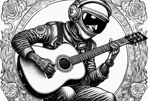 Skeleton astronaut playing acoustic guitar tattoo idea