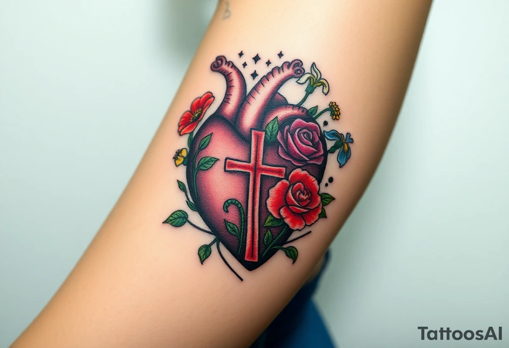 tattoo with heart
: one side representing death and the other life. (from death to life) with a simple cross down the middle. The life side I'd like the following flowers growing out of it: Morning Glory, Lily of the Valley, Daffodil, Rose, Poppy, and Iris tattoo idea