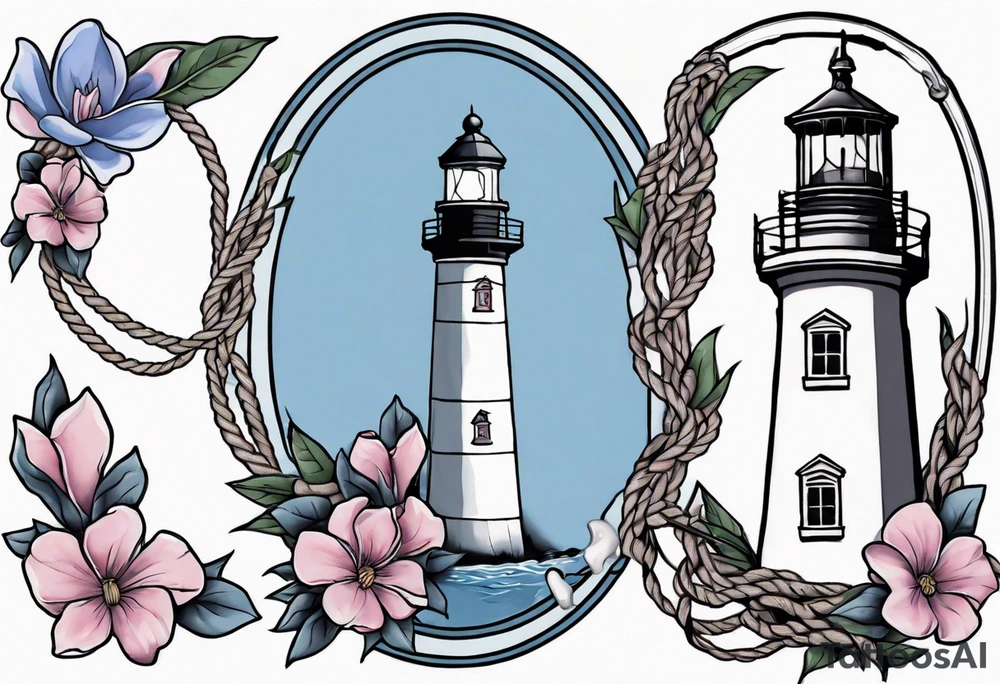 tattoo of a light house bordered by magnolia flowers and rope. Behind the light house is a periwinkle blue cancer ribbon tattoo idea